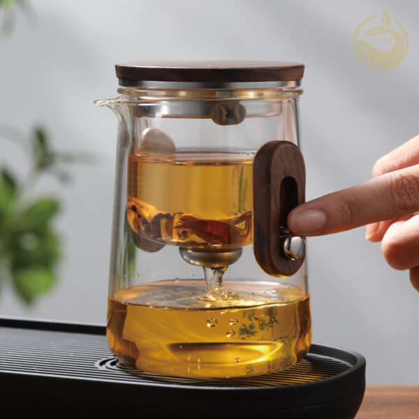 1 KTea Travel Edition Walnut One Touch Kungfu Tea Maker Borosilicate Glass Teaset with Detachable Infuser for Loose Leaf Tea