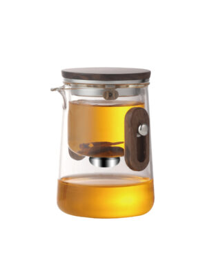 KTea Travel Edition Walnut One Touch Kungfu Tea Maker Borosilicate Glass Teaset with Detachable Infuser for Loose Leaf Tea