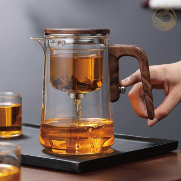23 KTea Walnut One Touch Kungfu Tea Maker Borosilicate Glass Teapot with Detachable Infuser for Loose Leaf Tea