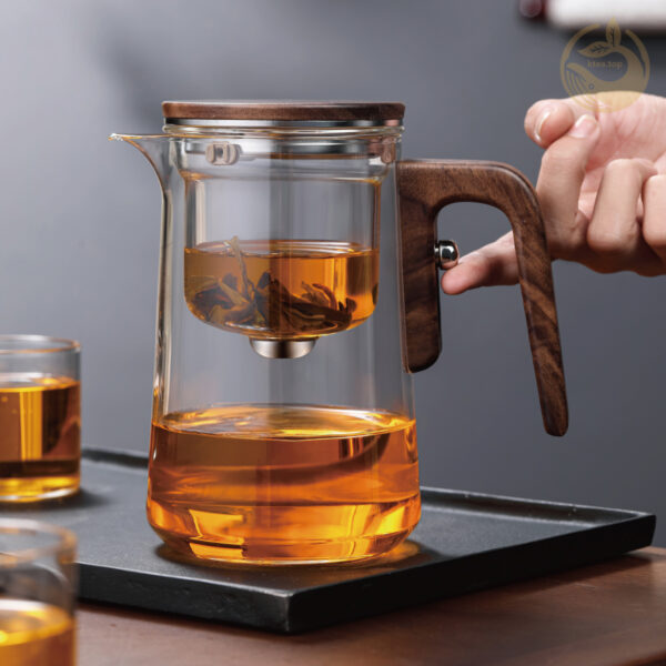 24 KTea Walnut One Touch Kungfu Tea Maker Borosilicate Glass Teapot with Detachable Infuser for Loose Leaf Tea