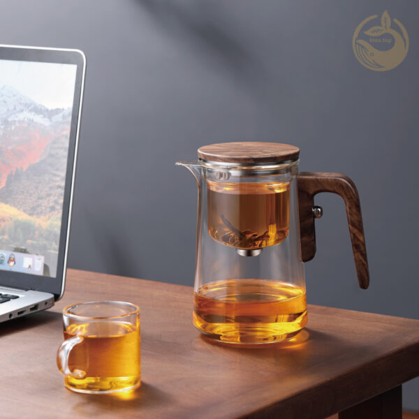 26 KTea Walnut One Touch Kungfu Tea Maker Borosilicate Glass Teapot with Detachable Infuser for Loose Leaf Tea