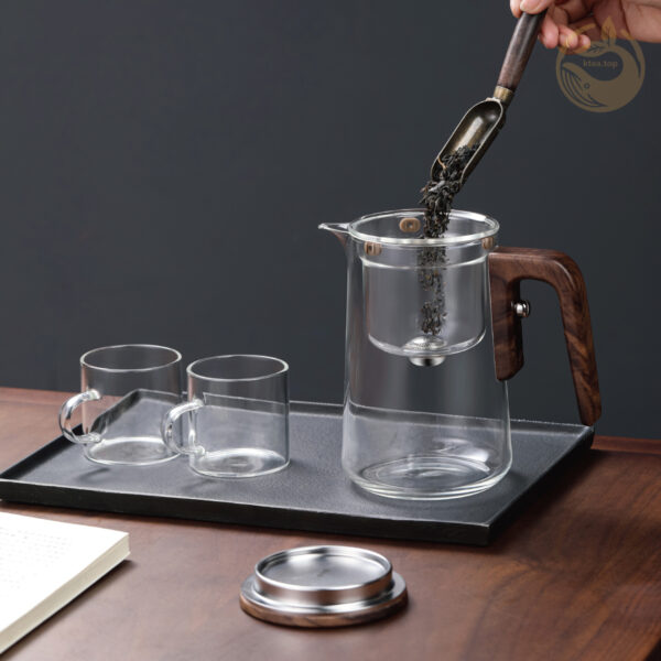 27 KTea Walnut One Touch Kungfu Tea Maker Borosilicate Glass Teapot with Detachable Infuser for Loose Leaf Tea