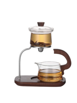 KTea Desktop Walnut One Touch Kungfu Tea Maker Borosilicate Glass Teaset with Detachable Infuser for Loose Leaf Tea