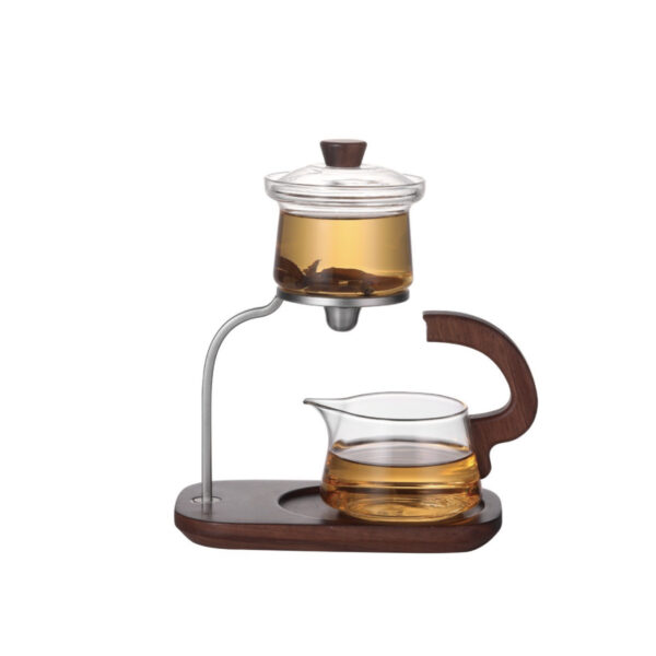 350 KTea Desktop Walnut One Touch Kungfu Tea Maker Borosilicate Glass Teaset with Detachable Infuser for Loose Leaf Tea