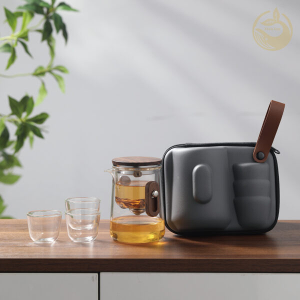 4 KTea Travel Edition Walnut One Touch Kungfu Tea Maker Borosilicate Glass Teaset with Detachable Infuser for Loose Leaf Tea