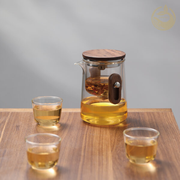 5 KTea Travel Edition Walnut One Touch Kungfu Tea Maker Borosilicate Glass Teaset with Detachable Infuser for Loose Leaf Tea