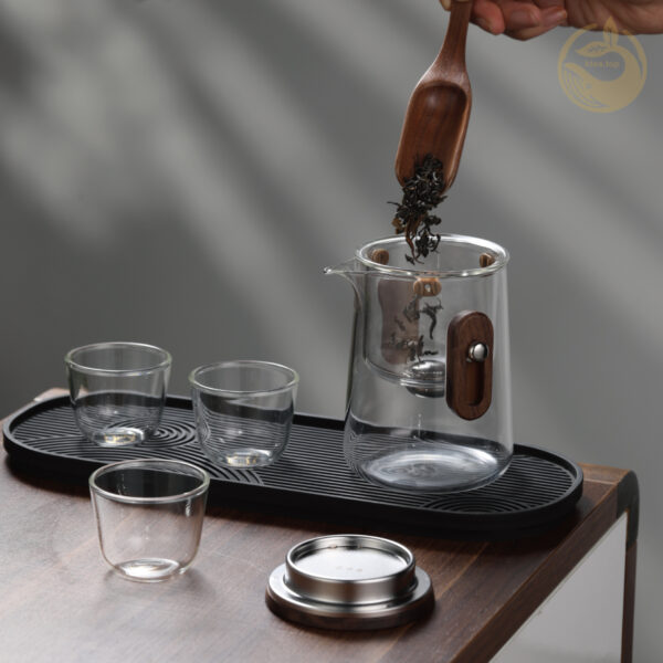 6 KTea Travel Edition Walnut One Touch Kungfu Tea Maker Borosilicate Glass Teaset with Detachable Infuser for Loose Leaf Tea